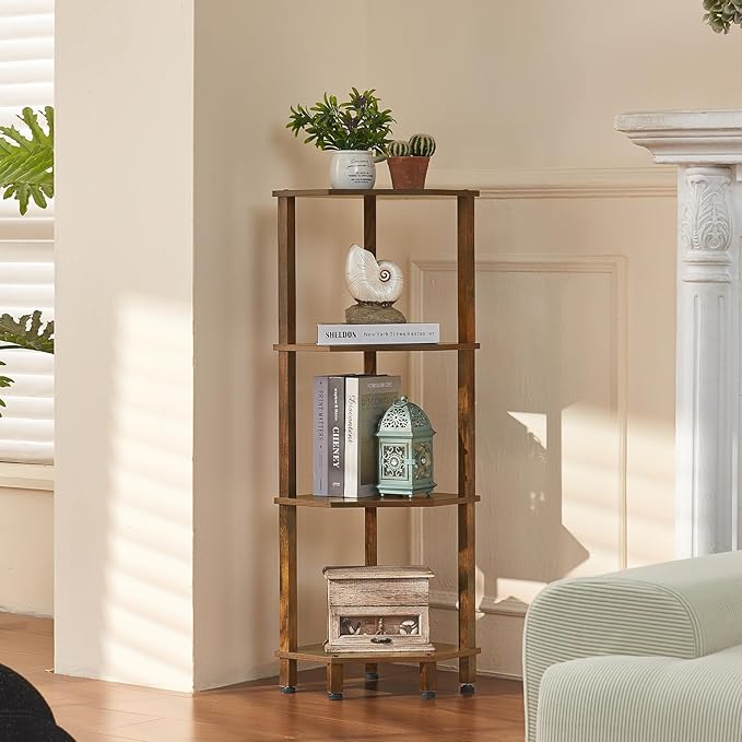 YUFAM 4-Tier Corner Shelf, Brown | Wooden Corner Bookshelf for Small Spaces, Corner Standing Shelf with Sturdy 5-Leg Base