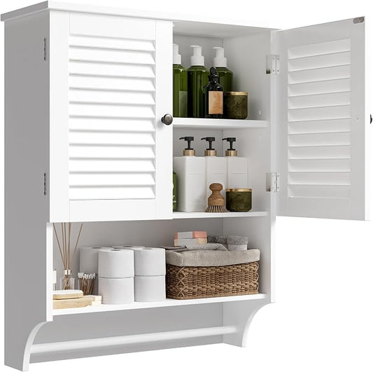 ChooChoo Bathroom Wall Cabinet with Towel Bar and Ample Storage | 23.6"L x 7.9"W x 27.5"H MDF Medicine Cabinet, Over The Toilet Space Saver Storage Cabinet with Adjustable Shelf, White