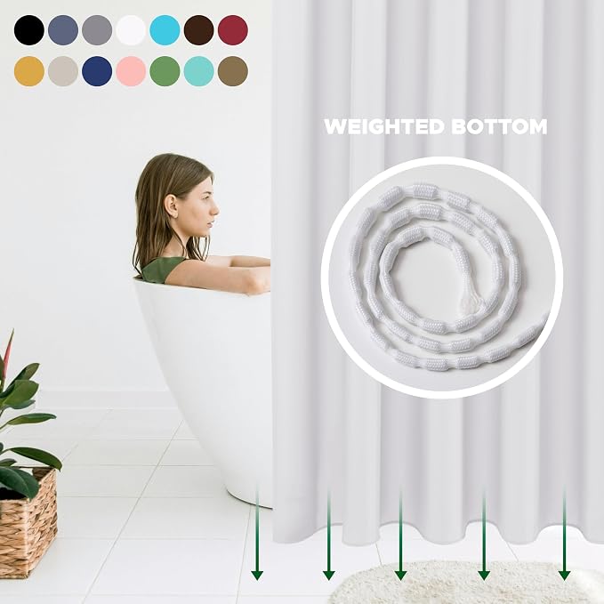 Biscaynebay Fabric Shower Curtain Short Stall Liners 72" W X 65" L, White Water Resistant Bathroom Curtains, Rust Resistant Grommets Top Weighted Bottom Machine Washable