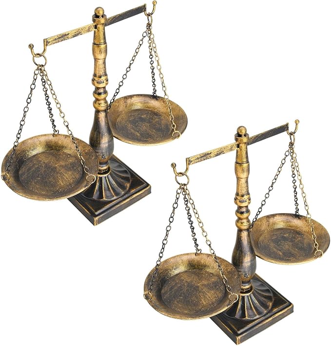 Owlgift Set of 2 Vintage Metal Libra Jewelry Towers Display Cosmetic Organizer Storage, Scale Centerpiece Stand, Antique Jewelry Storage, Farmhouse Candleholder Display – Bronze, 7.7“ W x 12.1“ H