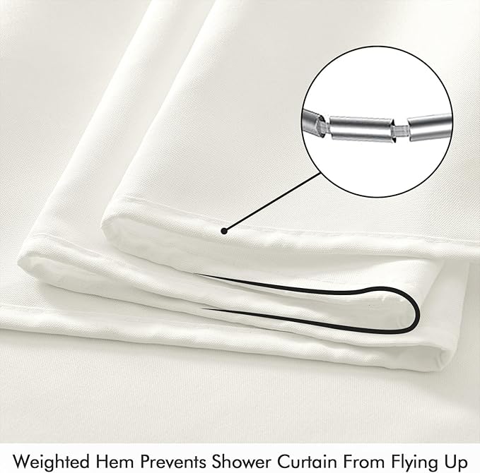 ANRODUO White Linen Textured Fabric Shower Curtain Set - W72xL78 | Farmhouse Shower Curtain with 12 Metal Hooks, Waterproof Heavy Duty, Button Hole Design, Machine Washable for Bathroom
