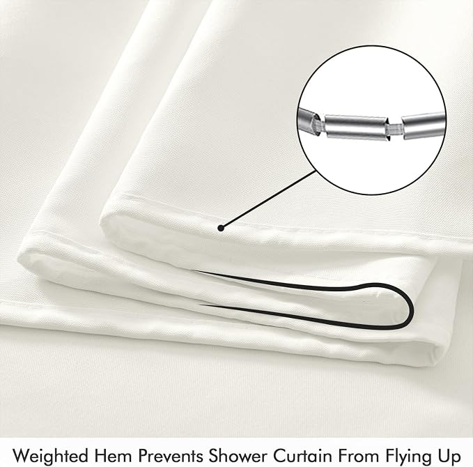 ANRODUO White Linen Textured Fabric Shower Curtain Set - W72xL84 | Farmhouse Shower Curtain with 12 Metal Hooks, Waterproof Heavy Duty, Button Hole Design, Machine Washable for Bathroom