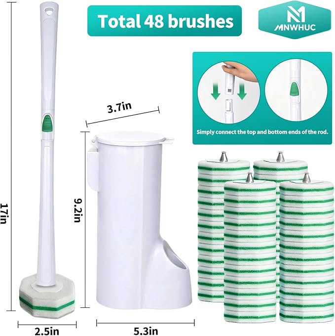 Disposable Toilet Brush, Toilet Bowl Cleaning System with 48 Count Wand Refills, Clean Brush Starter Kit with 1 Wand, 1 Storage Caddy and 1 wall Sticker (White)