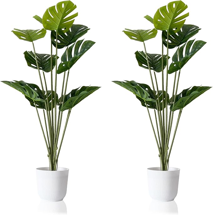 SAJANDAS Set of 2 Artificial Monstera Deliciosa Plants in Pots, Fake Tropical Trees with Greenery Leaves Stems, 46 Inch Faux Swiss Cheese Floor Plants for Porch, Office, Garden, Store, Home Decor