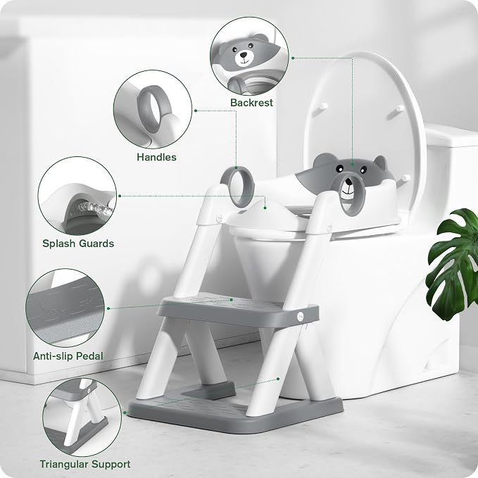 Potty Training Seat, Upgrade Toddler Toilet Seat for Kids Boys Girls, 2 in 1 Potty Training Toilet, Splash Guard Anti-Slip Pad Step Stool(Grey-Pu)
