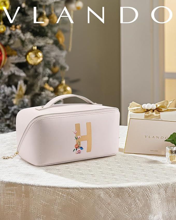VLANDO Makeup Travel Bag,Vacation Essentials，Letter H,Off White | PU Leather Toiletry Organizer,Portable Toiletry Case for Women Birthday.Water-Resistant,Gifts Ideas
