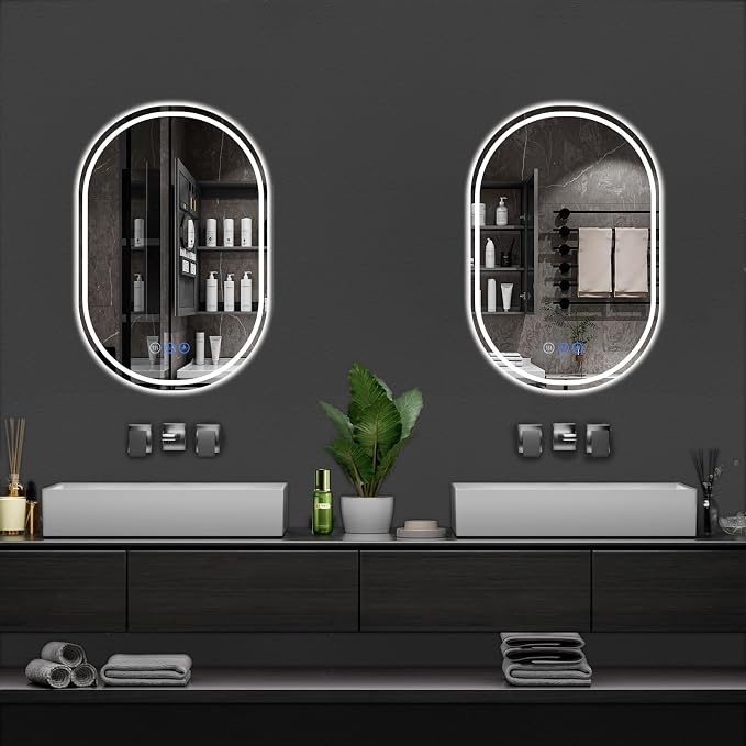 Oval LED Bathroom Mirror, 22"x 32" Frameless Lighted Mirror | LED Mirror with Front Light & Backlit, Anti-Fog, Dimmable Wall Mounted Lighted Mirror, Pill-Shaped Smart Bathroom Mirror