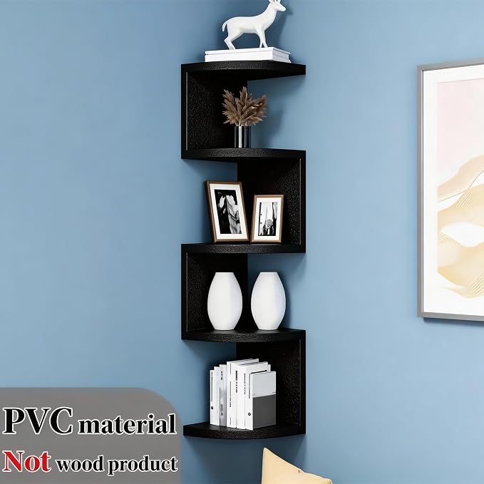 5-Tier Corner Shelf Wall Mount, Screw-Mounted Floating Bookshelf with Enhanced Support, Space-Saving Zigzag Shelf for Bedroom, Living Room, Office, Garage – (Black)