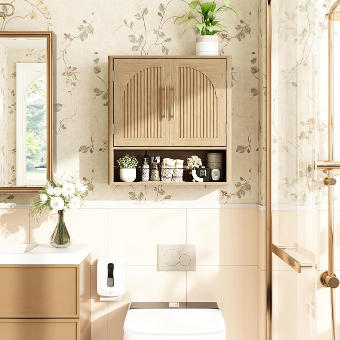 RUSTOWN Fluted Bathroom Wall Cabinet with Arched Doors & Rounded Edges | Over The Toilet Storage Cabinet with Adjustable Shelf, Mid Century Modern Medicine Cabinets, Laundry & Kitchen Shelving Unit