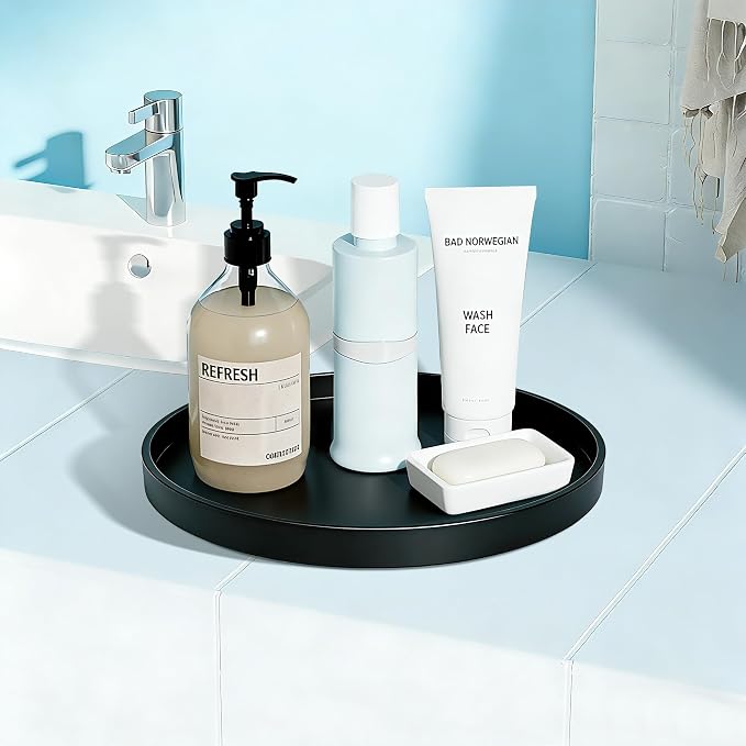 1 Pack 10" Bathroom and Vanity Tray, ABS Bathroom Counter Organizer, Coffee Table Decor for Perfume, Candles, Keys &More. Kitchen Countertop Organizer, Decorative Tray Soap Holder, Black