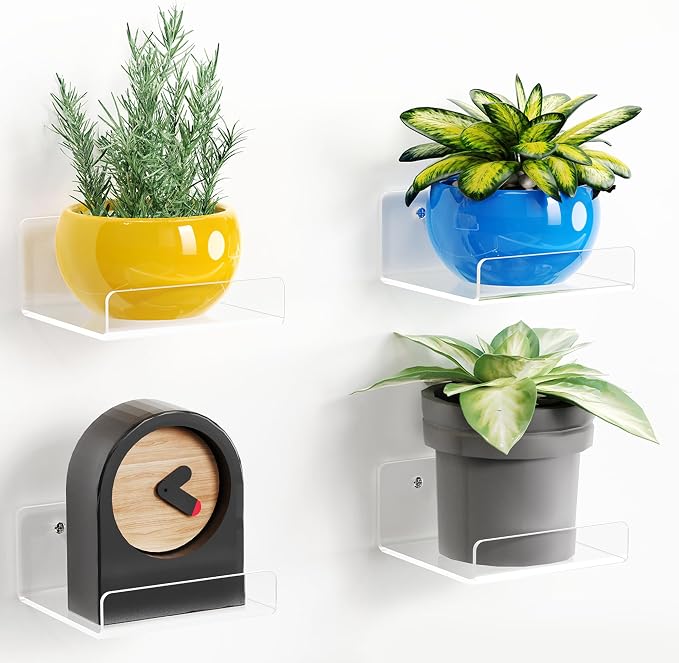 upsimples 4" Acrylic Shelves, Small Shelf for Wall Decor and Display, 4 Pcs | Small Floating Shelf for Plants, Speaker, Toys, Invisible Wall Display for Bathroom, Bedroom, Living Room, Room Decor