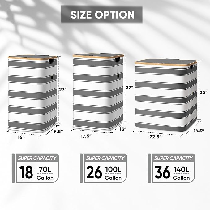 BALEINE Laundry Hamper with Lid, Tall Laundry Baskets with Bamboo Pull Handles, Large Laundry Bin with Internal Support (18 Gal/70L, Grey Stripe)