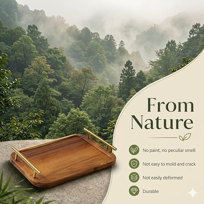 Bathroom Tray for Countertop Organizer,Vanity Tray with Gold Handle, Acacia Wood Tray for Bathroom Decor,Toilet Tank Tray, Multipurpose Organizer Rack for Lavatory, Bathroom, and Kitchen 13.98"X 9.45"