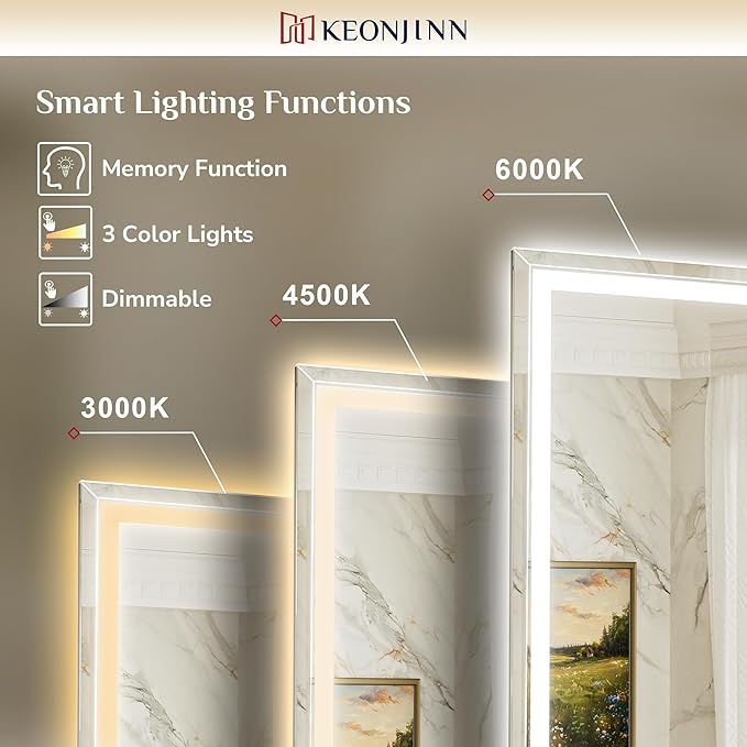 Keonjinn 48 x 36 Inch Beveled LED Bathroom Mirror with Frontlit & Backlit | HD Tempered Glass, Lighted Bathroom Mirror, 3-Color Lights, Fast & Safe Defogging, Stepless Dimmable, Memory Function, CRI90+