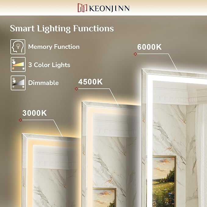 Keonjinn 42 x 36 Inch Beveled LED Bathroom Mirror with Frontlit & Backlit | HD Tempered Glass, LED Bathroom Mirror with Light, 3-Color Temperature, Fast Defogging, Stepless Dimmable, Memory Function