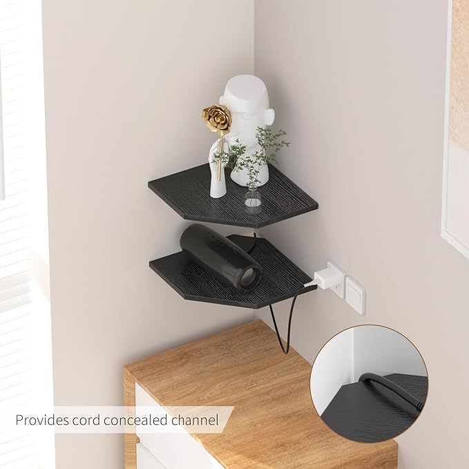 JJL Corner Shelves, 12 Inch Corner Shelf Wall Mounted with Wire Hole, 4 Tier 13.3 Inch Deep Wooden Corner Hanging Shelving for Wall Storage, for Speaker, Cable Box, Black