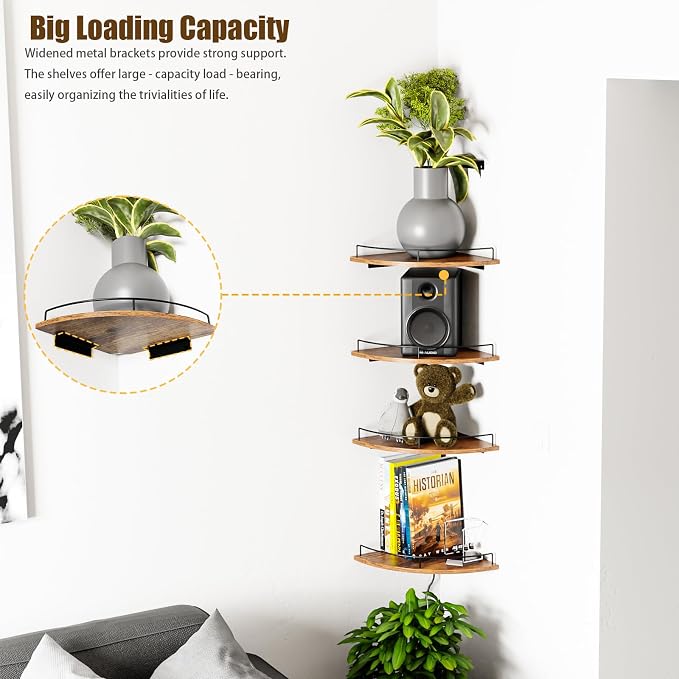 Corner Shelf Wall Mount, Floating Corner Shelves, Set of 4 Corner Wall Shelf Organizer,Rustic Wood Wall Storage Display Shelves forLiving Room Bedroom Bathroom Kitchen