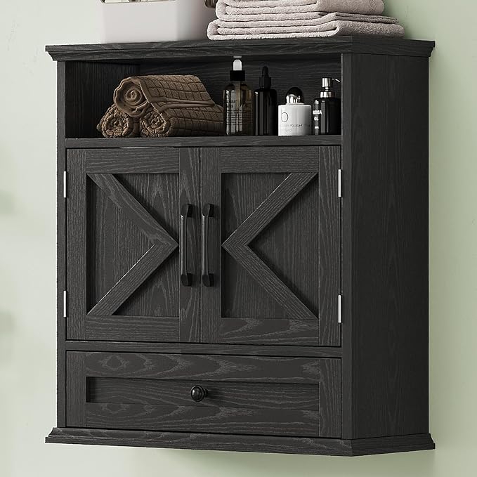 Bathroom Wall Cabinet, Wall Mounted Medicine Cabinet 24.4"H x 23.6"W x 9"D | With Drawer, Barn Doors & Adjustable Shelf, Black Over Toilet Farmhouse Storage Cabinet for Kitchen, Laundry Room, Entryway