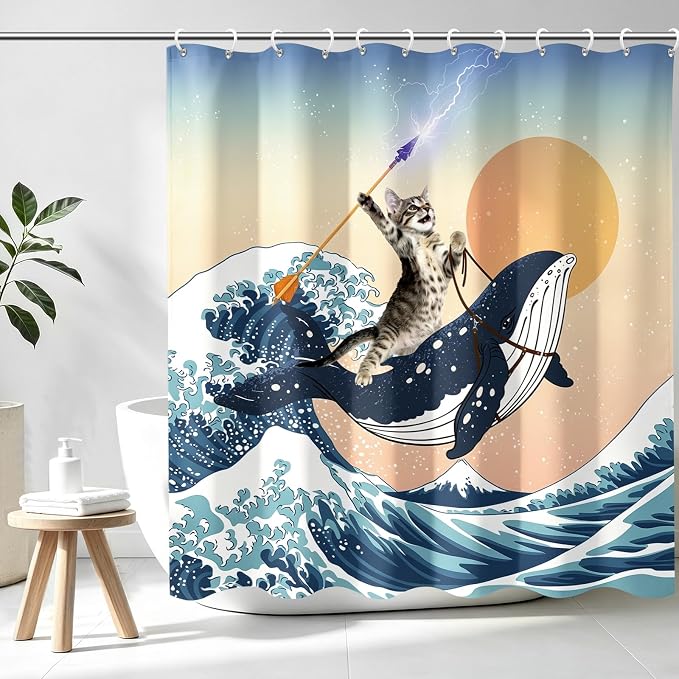 Aimego Long Funny Shower Curtain - Cute Cat Riding Whale Holding Trident in Ocean Wave, Shark Cat Fabric Cloth Fun Bath Shower Curtain Set with 12 Hooks for Bathroom Decor Bathtub Curtain, 72"x78"
