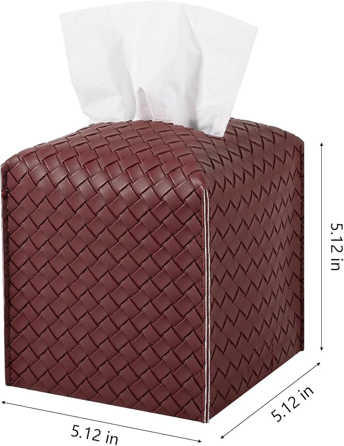 Tissue Box Cover Square Leather Facial Paper Holder, Dark red | PU Leather，Easy to Fill, Easy Clean, Decorative Cube Tissue Box Holder for Office, Bathroom,Kitchen, Living room, Guest room