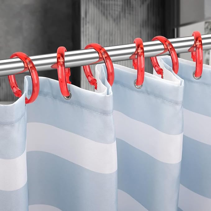 Red Shower Curtain Hooks - 12 Pcs Circular Plastic Shower Curtain Rings for Bathroom - O Shaped Transparent Red Shower Hooks Rings for Shower Curtain Rod