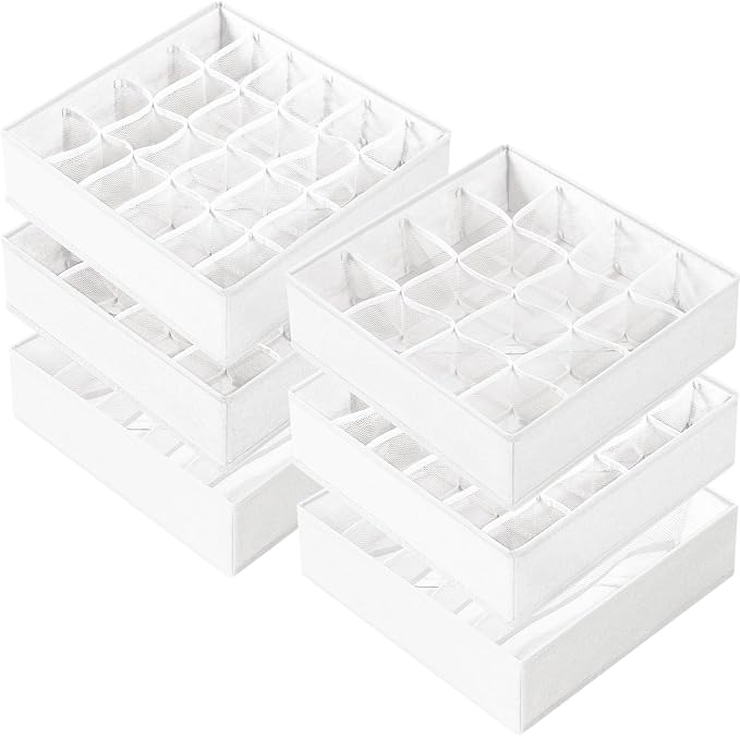 Drawer Organizer - 6 Set Clothes Organizer for Closet & Bedroom - 90 Cells Bins for Sock, Underwear, Bra, Baby Clothes - Washable & 10xDurable than Non-Woven Fabric (White)