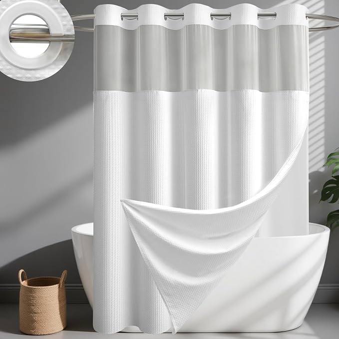White Hook Free Waffle Shower Curtain & Snap-in Fabric Liner,54x81 | Less Time to install, 3 in 1 Fabric Shower Curtain and Liner Set with Magnets, Stall, Long, Shower Curtains for Bathroom