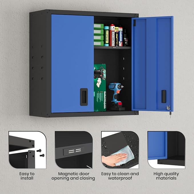 30 Inch Metal Wall Cabinet, Metal Wall Cabinet for Garage, Blue | Wall Mount Cabinet with Lock and Adjustable Shelf, Lockable Storage Cabinet for Home Office,Garage,Gym,School