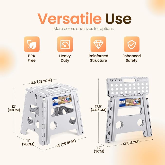 ACKO 13 Inch Folding Step Stool, Non-Slip Surface for Adults and Kids, Gray | Collapsible Heavy Duty Foldable Stools, Portable Foot Stepping Stool Holds 300 lbs, Kitchen Bathroom Outdoor, with Handle