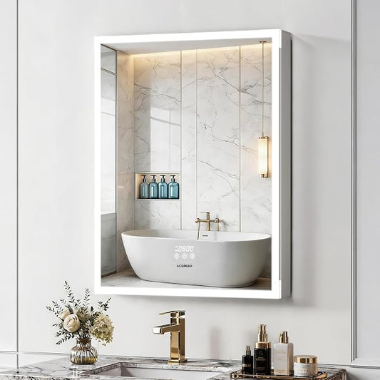 ACEMIRO 24"×32" Bathroom Medicine Cabinet with Mirror, Surface or Recessed Lighted Medicine Cabinet, 3-Color Dimmable Lights, Defogger, Bathroom Mirror with Outlet, Clock&Temp Display, Door Left Open
