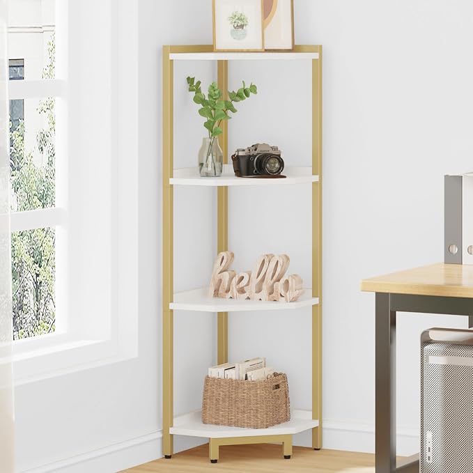 Hzuaneri Corner Shelf Stand 4-Tier Corner Bookshelf Storage Standing Shelf | Bookcase Plant Stand with Metal Frame for Living Room, Home Office, Bedroom, White Gold CS05803A