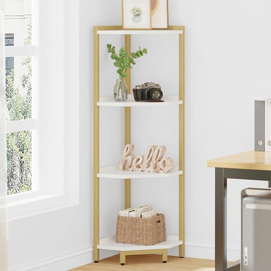 Hzuaneri Corner Shelf Stand 4-Tier Corner Bookshelf Storage Standing Shelf | Bookcase Plant Stand with Metal Frame for Living Room, Home Office, Bedroom, White Gold CS05803A