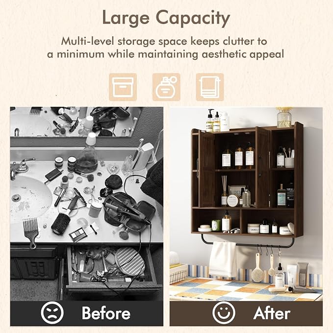 RUSTOWN Rustic Bathroom Wall Storage Cabinet with 2 Barn Doors, Dark Walnut | Farmhouse Medicine Cabinet, Wall Mounted, Space Saving, 3-Tier Adjustable Shelves, Towel Bar, 5 Hooks
