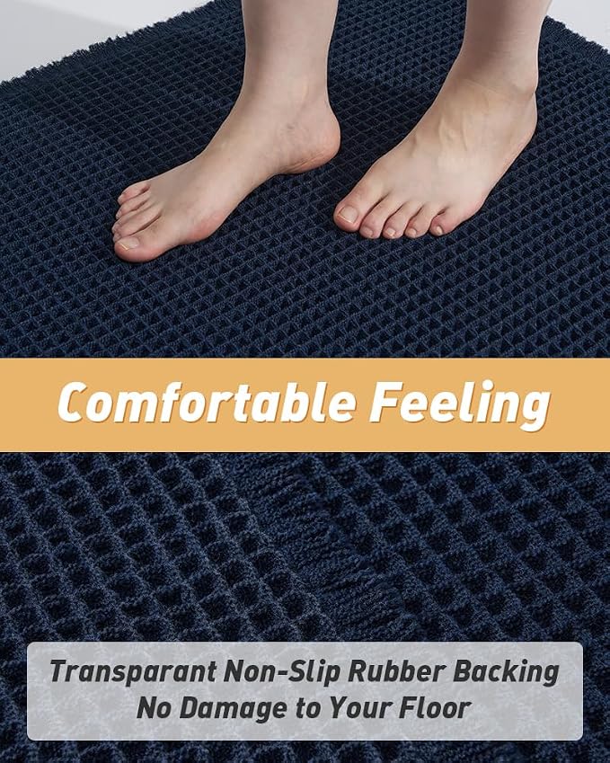 Upgraded Waffle Runner Rug Super Absorbent Non Slip Bath Mats for Bathroom, Washable Bathroom Runner Rug with Tassels, Ideal for Hallway Bedroom Laundry Room, Brown, 2'x 4'(24" x 48"), Navy Blue