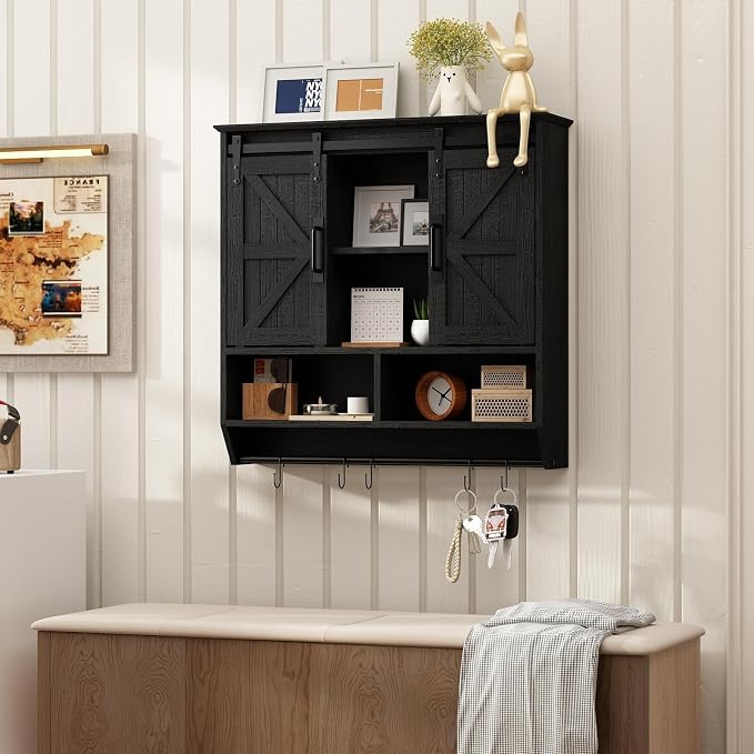 RUSTOWN Farmhouse Bathroom Wall Storage Cabinet with Sliding Barn Doors | 3-Tier, Rustic Wood Wall Mounted Cabinets, Vintage Medicine Cabinet, Adjustable Shelves, Over The Toilet Storage Cabinet