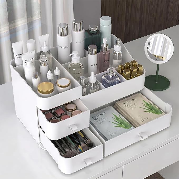 Makeup Organizer with 3 Drawers, Bathroom Counter Organizer. | Plastic Cosmetic Display Case, Ideal for Make Up, Skincare, Perfume; Suitable for Dresser Top, Vanity and Desk