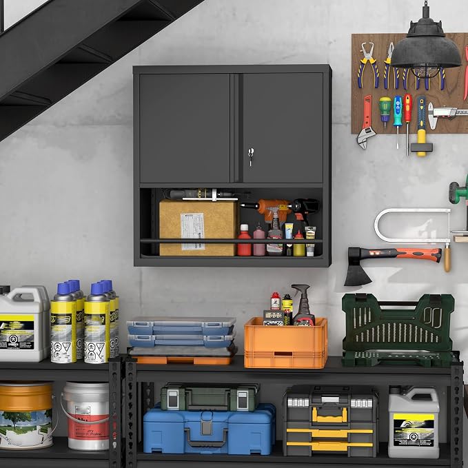 Garage Storage Cabinets,Metal Wall Cabinet with Doors and Shelves,Locking Storage Cabinet for Workshop,Warehouse,Home Office,Black