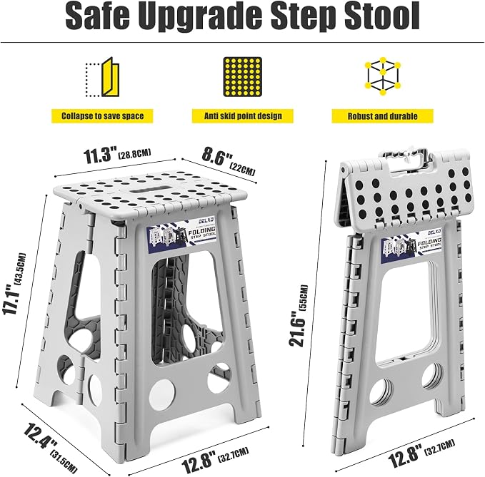 Delxo 17.5 Inch Folding Step Stool,Foldable Step Stool for Adults Grey | Step Stool with Safety Lock,Portable Collapsible Step Stool,Non-slip Folding Stools for Kitchen Bathroom Bedroom Garden 1PC