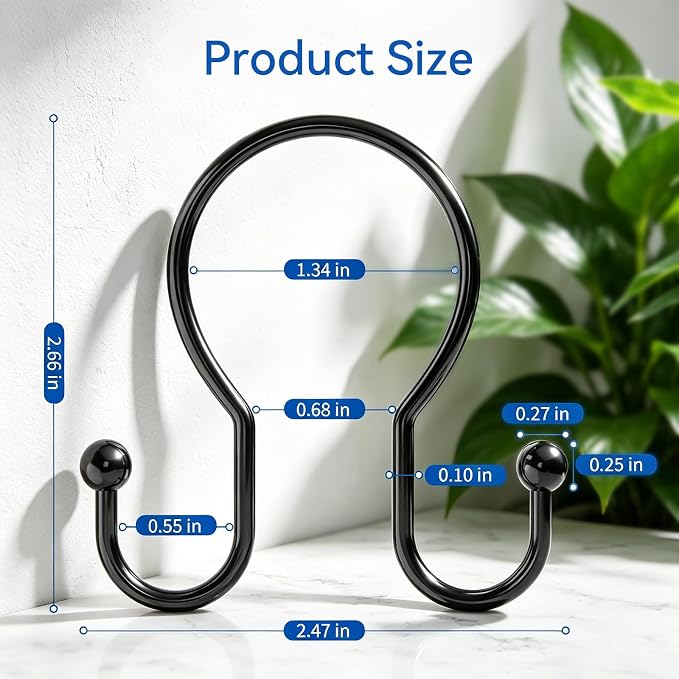 OEH Shower Curtain Hooks, 12 Pcs Minimalist Shower Curtain Rings, Metal Shower Curtain Hangers, Double Hook Black Shower Curtain Hooks Rust Proof, Glide Smoothly Shower Hooks for Shower Curtain, Black