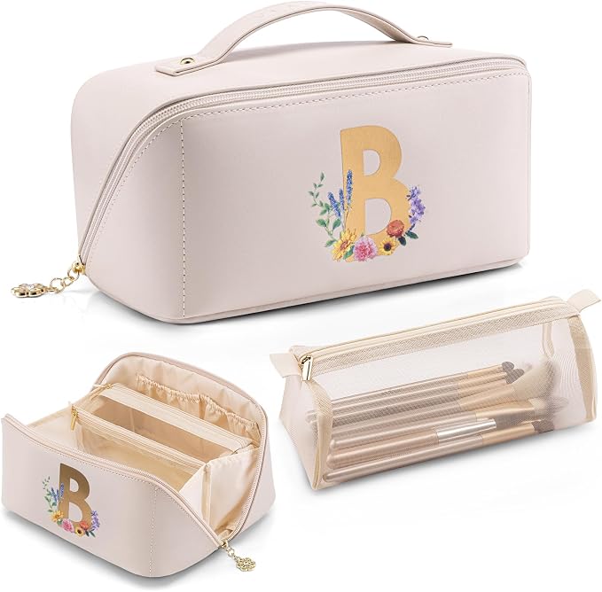 VLANDO Make up Bag with Separate Brush Pouch,Letter B,Off White | PU Leather Monogrammed Cosmetic Bag,Open Flat Toiletry Skincare Organizer,Gifts for Women