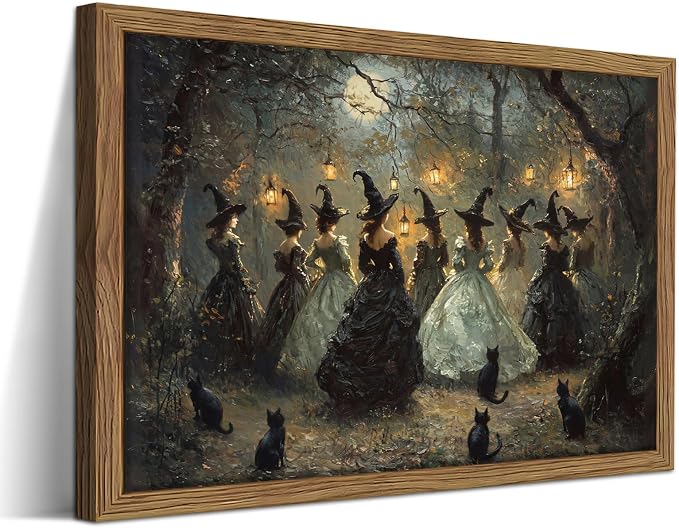 Framed Vintage Halloween Witches Wall Art, Dark Academia Gothic Black Cat Painting Canvas Prints, Halloween Wall Decor, Coven of Witches Dancing Scene Forest Poster for Living Room 8x10in