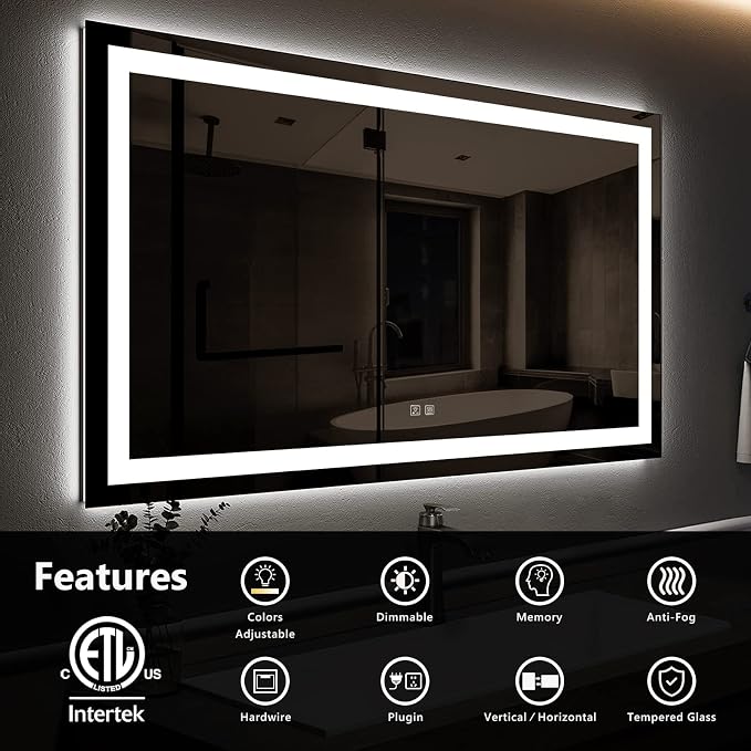 ROOMTEC 48x30 Inches LED Bathroom Mirror with Lights, Vanity Mirror with Front and Backlight, Smart Dimmable Anti-Fog LED Mirror for Bathroom, Memory Function, Tempered Glass (Horizontal/Vertical) | Anti-Fog, Dimmable, Memory Function, Bathroom Vanity ...