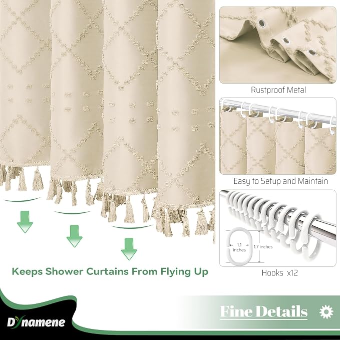 Extra Long Boho Fabric Shower Curtain Tufted Geometric 72x84 Beige | 84 Inch Tall, Elegant Tassel, Lightweight Textured Fabric, Water Repellent, Washable, Hotel Spa, for Bathroom/Dorm 12 Hooks