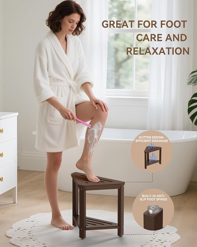 Shower Foot Rest 15in, HDPE Waterproof Shower Stool for Inside Shower, Corner Shower Stool for Shaving Legs with Storage Shelf for Small Space, Shower Step Stool, Plastic Corner Shower Bench, Brown