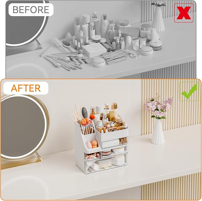 White Makeup Organizer Countertop With 4 Drawers,Large Cosmetics Storage Organizer for Brush,Hair Products,Plastic Makeup Holders and Beauty Skincare Organizers for Bathroom,Vanity,Dresser Top