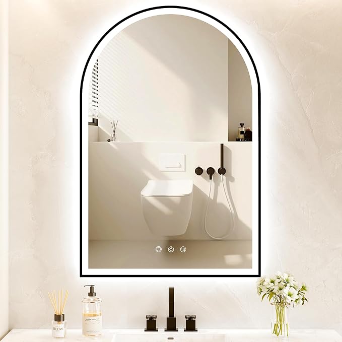 24"x36" Arched LED Lighted Bathroom Mirror with Lights | Black Aluminum Frame, Fogless, Dimmable, Shatterproof, Touch Sensor, 3 Color Changing