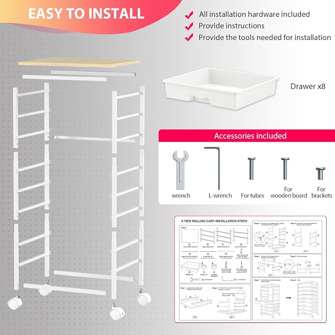 Goovilla Rolling Cart with 8 Drawers for Art, Dorm, Office, Craft, White | Utility Cart Organizer With 8 Removable Drawers and Wooden Tabletop, Lockable Rolling Storage Organizer for Classroom, Home