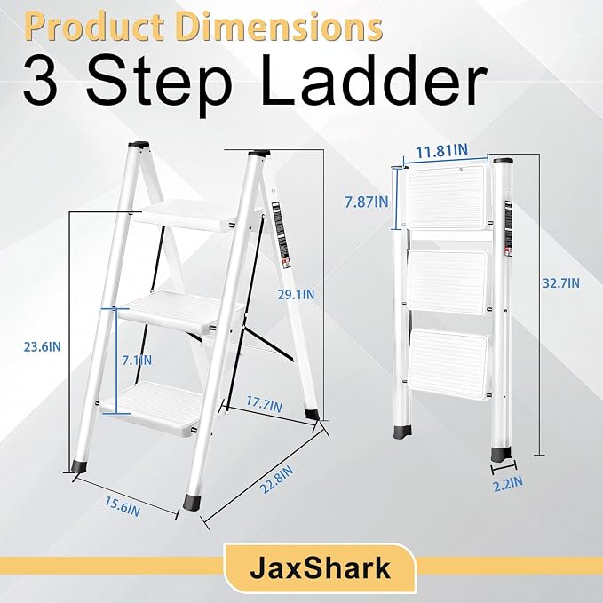 3 Step Ladder Folding Step Stool Sturdy Carbon Steel Frame | 500LBS Capacity Sturdy Anti-Slip Thick Pedal & Feet Portable for Home Kitchen Garage(white-3step)