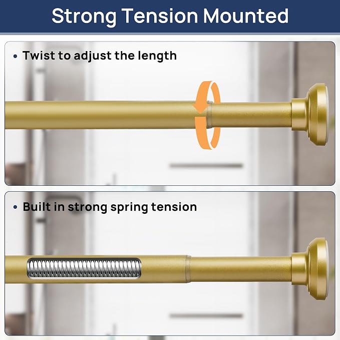 ENJOYBASICS 1" Gold Shower Curtain Rod, 30-76" Adjustable, Secure Tension | Easy No-Drill Installation, No Tools, No Gaps, Sturdy Rust-Resistant Steel, Sag-Resistant Design, Tubs, RVs, Apartments