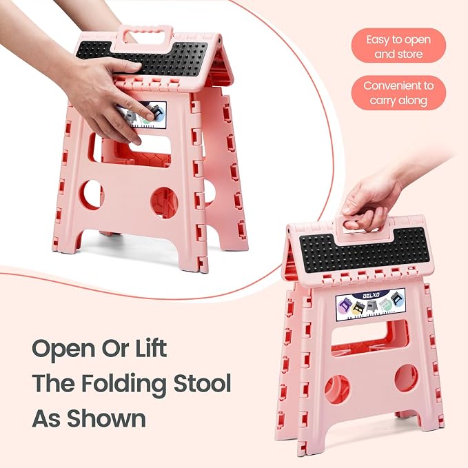 Delxo Folding Step Stool 13 Inch,300 Lbs Step Stool for Adults Pink | Foldable Step Stool 13",Non-Slip Foot Stools with Handle,Lightweight Collapsible stools for Kitchen,Bathroom,Bedroom,Garden